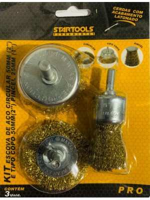 KIT ESCOVA DE ACO C/3PCS PINCEL 25MM, ESCOVA CIRCULAR 50MM E TIPO COPO 50MM UN.