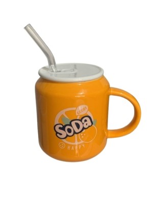 CANECA DE PORCELANA C/ CANUDO DE VIDRO 380ML UN.