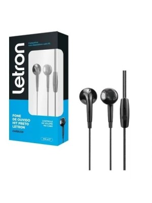 FONE DE OUVIDO HIT PRETO EARBUDS C/FIO E MICROFONE LETRON UN.