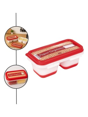 Porta Polpa de Frutas Duplo Plasútil Vermelho e Branco – Praticidade para Congelar e Soltar Polpas com Fundo Emborrachado