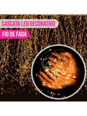 Cascata LED Fio Cobre 900L 6x0,75m Branco Quente Bivolt Decoração Natal e Festas
