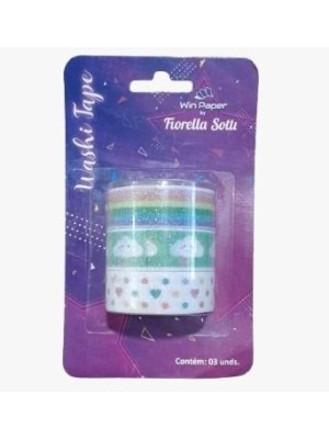 Washi Tape 1,5cm x 2m Win Paper by Fiorella Sotti – Kit com 3 Fitas Decorativas Coloridas e com Glitter para Planner, Scrapbook e Artesanato