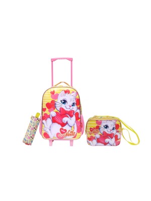 Mochila Infantil com Rodinhas Cat Sweet Kit com Lancheira e Estojo – Estampa de Gatinha, Carrinho Reforçado e Design Colorido