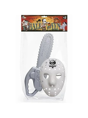 Acessório Kit Halloween — Máscara de Terror Jason + Motosserra Plástica 40cm Fantasia